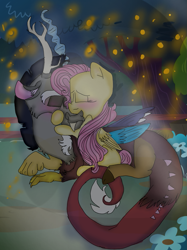 Size: 899x1200 | Tagged: safe, artist:cocolove2176, imported from derpibooru, discord, fluttershy, draconequus, pegasus, pony, blushing, discoshy, eyes closed, female, flower, hug, kissing, lying down, male, mare, night, prone, shipping, straight, wings