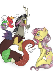 Size: 899x1200 | Tagged: safe, artist:cocolove2176, imported from derpibooru, big macintosh, discord, fluttershy, spike, draconequus, dragon, earth pony, pegasus, pony, annoyed, blushing, discoshy, female, laughing, male, mare, shipping, simple background, sitting, stallion, straight, white background, wings