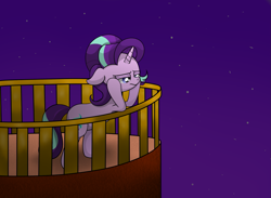 Size: 1551x1137 | Tagged: safe, artist:background basset, imported from derpibooru, starlight glimmer, pony, unicorn, bipedal, bipedal leaning, depression, female, floppy ears, leaning, night, railing, sad, solo, solo female