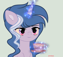 Size: 1280x1165 | Tagged: safe, artist:lominicinfinity, imported from derpibooru, oc, oc only, oc:evening harmony, pony, unicorn, cup, female, magic, mare, simple background, solo, teacup