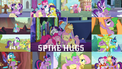 Size: 1280x721 | Tagged: safe, edit, edited screencap, editor:quoterific, imported from derpibooru, screencap, applejack, cheerilee, fluttershy, pinkie pie, princess ember, rainbow dash, rarity, spike, starlight glimmer, thorax, twilight sparkle, alicorn, changedling, changeling, dragon, earth pony, pegasus, pony, unicorn, a horse shoe-in, castle sweet castle, feeling pinkie keen, gauntlet of fire, inspiration manifestation, ppov, secret of my excess, shadow play, sparkle's seven, spike at your service, the crystal empire, the crystalling, triple threat, bag, bloodstone scepter, cheeribetes, collage, cute, daaaaaaaaaaaw, dashabetes, diapinkes, dragon armor, dragoness, duo, ember is not amused, eyes closed, female, gritted teeth, group hug, hat, hug, jackabetes, king thorax, leg hug, lifejacket, male, mane seven, mane six, mare, open mouth, raribetes, royal guard rarity, saddle bag, school of friendship, shyabetes, side hug, sitting, spikabetes, spikelove, starlight's office, teeth, thorabetes, throne room, trio, twilight sparkle (alicorn), twilight's castle, unamused, unicorn twilight