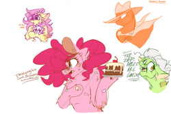 Size: 1280x854 | Tagged: safe, artist:trash0king, imported from derpibooru, fluttershy, granny smith, mare do well, opalescence, pinkie pie, earth pony, pegasus, pony, family appreciation day, secret of my excess, sweet and elite, the mysterious mare do well, cake, female, food, mare, scene interpretation, simple background, wet, wet fur, white background