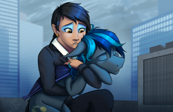 Size: 3842x2482 | Tagged: safe, artist:klarapl, imported from derpibooru, oc, oc:janet (fine print), oc:spark gap, bat pony, human, pony, fanfic:fine print, bat pony oc, bat wings, exhausted, holding, holding a pony, male, rooftop, skyscraper, sleeping, stallion, wings
