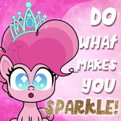 Size: 1080x1080 | Tagged: safe, imported from derpibooru, pinkie pie, earth pony, pony, my little pony: pony life, spoiler:pony life s02e06, :o, crown, day of happiness, facebook, female, g4.5, jewelry, mare, official, open mouth, pink background, pony life, regalia, simple background, solo, text, the tiara of truth, tiara, wingding eyes
