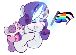 Size: 655x478 | Tagged: safe, artist:artwing74, imported from derpibooru, rarity, sweetie belle, pony, unicorn, cropped, crying, female, headcanon, hug, lgbt headcanon, magic, magic aura, omnisexual pride flag, pride flag, sexuality headcanon, siblings, sisters, smiling, straight ally flag, tears of joy