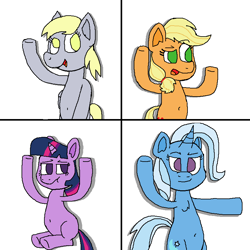 Size: 800x800 | Tagged: safe, artist:xppp1n, imported from ponybooru, applejack, derpy hooves, trixie, twilight sparkle, earth pony, pegasus, pony, unicorn, :t, belly button, chest fluff, female, four panel meme, loss (meme), mare, open mouth, raised eyebrow, simple background, smiling, underhoof, unicorn twilight