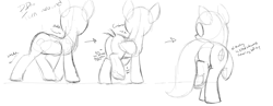 Size: 2589x1000 | Tagged: safe, artist:ponerino, pegasus, pony, butt, looking away, monochrome, plot, raised hoof, simple background, sketch, walking