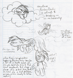 Size: 671x718 | Tagged: artist needed, safe, rainbow dash, pegasus, pony, cloud, confused, flying, lined paper, open mouth, smiling, sneaking, text, traditional art