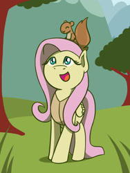 Size: 1350x1800 | Tagged: safe, artist:flutterluv, imported from derpibooru, fluttershy, pegasus, pony, squirrel, cute, daaaaaaaaaaaw, open mouth, shyabetes, smiling, spring, tree, winter wrap up (event), winter wrap up vest