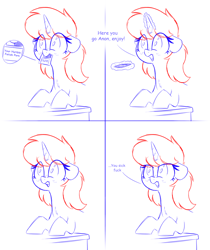 Size: 1000x1193 | Tagged: safe, artist:php111, imported from ponybooru, oc, oc only, pony, unicorn, 4 panel comic, comic, dialogue, female, floppy disk, freckles, mare, ponybooru exclusive, ponybooru mascot, sketch, solo, vulgar