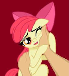 Size: 985x1085 | Tagged: safe, artist:definitelynotme, artist:lockerobster, edit, imported from derpibooru, apple bloom, earth pony, human, pony, 1000 hours in ms paint, adorabloom, bow, cheek squish, cute, disembodied hand, female, filly, floppy ears, hair bow, hand, hand on cheek, human on pony petting, human on pony snuggling, interspecies, lidded eyes, looking at you, offscreen character, one eye closed, petting, pov, simple background, smiling, snuggling, solo focus, squishy cheeks