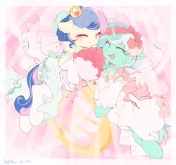 Size: 1532x1440 | Tagged: safe, artist:pkt3stptzliprff, imported from derpibooru, bon bon, lyra heartstrings, sweetie drops, earth pony, pony, unicorn, blushing, clothes, crown, dress, duo, ear fluff, eyes closed, female, floppy ears, flower, flower in hair, gloves, jewelry, lesbian, lyrabon, mare, marriage, open mouth, regalia, shipping, signature, skirt, socks, thigh highs, wedding, wedding dress