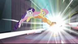 Size: 1278x717 | Tagged: safe, imported from derpibooru, screencap, applejack, fluttershy, rarity, power ponies (episode), cute, female, great moments in animation, jackabetes, portal, raribetes, screaming, shipping fuel, shyabetes, smear frame