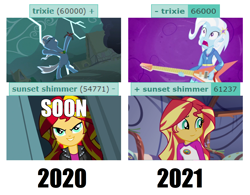 Size: 1396x1088 | Tagged: safe, edit, edited screencap, imported from derpibooru, screencap, sunset shimmer, trixie, pony, unicorn, derpibooru, equestria girls, equestria girls (movie), guitar centered, legend of everfree, magic duel, rainbow rocks, 2020, 2021, 54771, 60000, 61237, 66000, alicorn amulet, bipedal, caption, comic, comparison, image macro, lightning, meta, screencap comic, tags, text