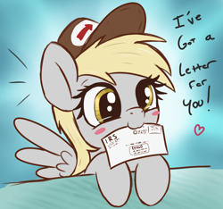 Size: 2226x2082 | Tagged: safe, artist:t72b, imported from derpibooru, derpy hooves, pegasus, pony, (you), blushing, cute, daaaaaaaaaaaw, derpabetes, dissonance, equestria's best mailmare, hat, heart, horse taxes, irs, letter, mailmare, mailmare hat, mood whiplash, mouth hold, solo, taxes, this will end in bankruptcy