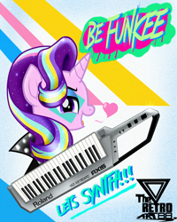 Size: 1300x1625 | Tagged: safe, artist:theretroart88, imported from derpibooru, starlight glimmer, pony, unicorn, 80s, alternate hairstyle, keytar, musical instrument, open mouth, solo, starlight glimmer day, synthesizer