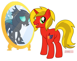 Size: 1200x947 | Tagged: safe, artist:jennieoo, imported from derpibooru, oc, oc only, oc:brisk mask, changeling, pony, unicorn, butt, happy, male, mirror, plot, reflection, sad, show accurate, simple background, smiling, solo, stallion, transparent background