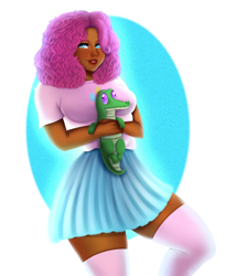 Size: 1080x1321 | Tagged: safe, alternate version, artist:alexdraws3, imported from derpibooru, gummy, pinkie pie, alligator, human, clothes, dark skin, female, humanized, skirt, smiling