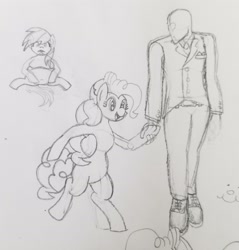 Size: 1960x2049 | Tagged: safe, artist:legendoflink, imported from derpibooru, pinkie pie, rainbow dash, oc, oc:anon, holding hands, holding hooves, meme, traditional art