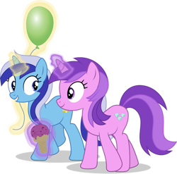 Size: 1280x1264 | Tagged: safe, artist:parclytaxel, artist:thatusualguy06, imported from derpibooru, amethyst star, minuette, sparkler, pony, unicorn, no second prances, .svg available, absurd resolution, balloon, duo, female, food, ice cream, looking at each other, magic, mare, simple background, transparent background, vector