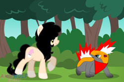 Size: 1640x1080 | Tagged: safe, artist:amgiwolf, imported from derpibooru, oc, oc:amgi, earth pony, pony, quilava, crossover, duo, earth pony oc, female, forest, mare, neckerchief, outdoors, pokémon, raised hoof, simple background, transparent background, tree