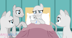 Size: 2283x1231 | Tagged: safe, artist:amgiwolf, imported from derpibooru, oc, oc only, earth pony, pony, baby, baby pony, bald, base, bed, bust, earth pony oc, female, hospital bed, indoors, male, mare, raised hoof, smiling, stallion