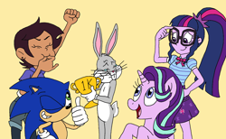 Size: 1818x1117 | Tagged: safe, artist:bugssonicx, imported from derpibooru, sci-twi, starlight glimmer, twilight sparkle, hedgehog, human, pony, rabbit, unicorn, equestria girls, animal, bugs bunny, crossover, luz noceda, sonic the hedgehog, sonic the hedgehog (series), the owl house, trophy