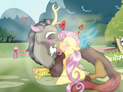 Size: 1200x899 | Tagged: safe, artist:cocolove2176, imported from derpibooru, discord, fluttershy, draconequus, pegasus, pony, blushing, chest fluff, discoshy, eyes closed, female, heart, male, mare, mountain, outdoors, shipping, sitting, straight, tree, wings