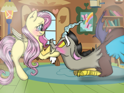 Size: 1200x899 | Tagged: safe, artist:cocolove2176, imported from derpibooru, discord, fluttershy, draconequus, pegasus, pony, blushing, book, bookshelf, discoshy, eyelashes, face down ass up, female, flying, indoors, looking at each other, male, mare, shipping, smiling, straight, wings