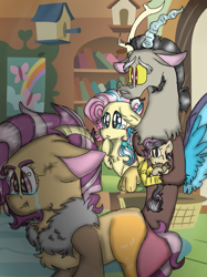 Size: 899x1200 | Tagged: safe, artist:cocolove2176, imported from derpibooru, discord, fluttershy, oc, oc:coraliss rose, oc:disillusion, draconequus, hybrid, pegasus, pony, bookshelf, crying, discoshy, draconequus oc, female, indoors, interspecies offspring, male, mare, offspring, parent:discord, parent:fluttershy, parents:discoshy, shipping, story included, straight, wings