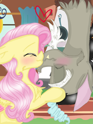 Size: 899x1200 | Tagged: safe, artist:cocolove2176, imported from derpibooru, discord, fluttershy, draconequus, pegasus, pony, blushing, bust, discoshy, eyes closed, female, heart, indoors, kissing, male, mare, shipping, straight, upside down, wings