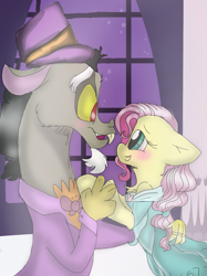 Size: 899x1200 | Tagged: safe, artist:cocolove2176, imported from derpibooru, discord, fluttershy, draconequus, pegasus, pony, blushing, bust, clothes, dress, eyelashes, female, hat, hug, indoors, looking at each other, male, mare, night, smiling, suit, top hat, wings