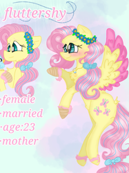 Size: 899x1200 | Tagged: safe, artist:cocolove2176, imported from derpibooru, fluttershy, bird, pegasus, pony, blushing, bust, eyelashes, female, floral head wreath, flower, flying, mare, redesign, reference sheet, smiling, story included, two toned wings, wings