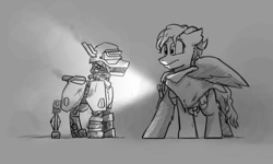 Size: 1280x768 | Tagged: safe, artist:captainhoers, imported from derpibooru, oc, oc only, pegasus, pony, robot, robot pony, cloak, clothes, duo, female, flashlight (object), gray background, grayscale, mare, monochrome, simple background