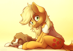 Size: 2400x1700 | Tagged: safe, artist:ohemo, imported from derpibooru, imported from ponybooru, applejack, winona, dog, earth pony, pony, blonde, blonde mane, blonde tail, chest fluff, clothes, cute, cutie mark, duo, eyes closed, green eyes, jackabetes, looking at you, loose hair, morning ponies, mouth hold, shirt, sitting, smiling, t-shirt, tongue out, winonabetes