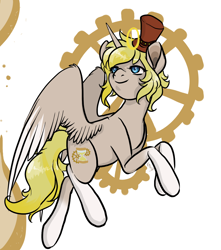 Size: 1150x1300 | Tagged: safe, artist:lavvythejackalope, imported from derpibooru, oc, oc only, alicorn, pony, alicorn oc, coat markings, gear, hat, horn, looking back, rearing, smiling, socks (coat marking), socks (coat markings), top hat, wings