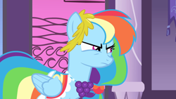 Size: 1920x1080 | Tagged: safe, imported from derpibooru, screencap, rainbow dash, pegasus, pony, season 1, the best night ever, all alone, alternate coiffure, ancient history, blue fur, clothes, coiffure ornament, daughter of hate, dress, effects, female, gala dress, glare, grand galloping gala, handout the children into the darkness, heed my words, hurtcore, implied chester bennington, implied death, implied insanity, implied scary applejack, it's a trick, judge me for what i am, light show, mare, masterpiece, mastery, multicolored coiffure, my soul to keep, op is disturbed, patriot, singular, solo, spiritual blindness, stage props, war declaration, wings, you don't bring me flowers