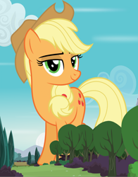 Size: 1504x1920 | Tagged: safe, artist:thegiantponyfan, imported from derpibooru, applejack, earth pony, pony, cloud, female, giant pony, giantess, macro, mare, sky, solo, tree