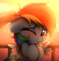 Size: 2900x3000 | Tagged: safe, artist:heavymetalbronyyeah, imported from derpibooru, rainbow dash, human, pegasus, pony, blushing, cute, dashabetes, ear scratch, female, floppy ears, fluffy, hand, looking at you, mare, offscreen character, offscreen human, one eye closed, spread wings, tongue out, weapons-grade cute, wings