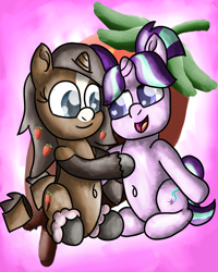 Size: 2400x3000 | Tagged: safe, artist:saburodaimando, imported from derpibooru, starlight glimmer, oc, oc:strawberry cocoa, pony, unicorn, belly button, blaze (coat marking), coat markings, description in comments, facial markings, female, filly, filly oc:strawberry cocoa, filly starlight glimmer, hug, pigtails, starlight glimmer day, younger