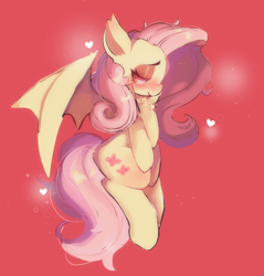 Size: 2812x2937 | Tagged: safe, artist:arisuwu, imported from derpibooru, fluttershy, bat pony, pegasus, pony, bat ponified, female, flutterbat, mare, photo, race swap, red background, simple background, solo