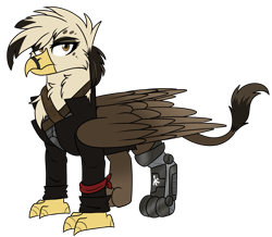 Size: 1543x1348 | Tagged: safe, artist:rokosmith26, imported from derpibooru, oc, oc only, griffon, amputee, annoyed, chest fluff, clothes, eyeshadow, female, fluffy, griffon oc, looking at you, makeup, paws, prosthetic limb, prosthetics, simple background, solo, talon company, talons, transparent background, wings