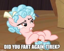 Size: 624x499 | Tagged: safe, edit, edited screencap, imported from derpibooru, screencap, cozy glow, pegasus, pony, the summer sun setback, cropped, episode needed, fart, female, filly, foal, implied farting, implied lord tirek, implied tirek, solo