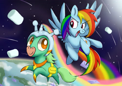 Size: 3508x2480 | Tagged: safe, artist:neoshrek, imported from derpibooru, rainbow dash, pegasus, pony, unicorn, crossover, duo, flying, food, marshmallow, space, space unicorn