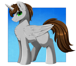 Size: 3487x3009 | Tagged: safe, artist:pridark, imported from derpibooru, oc, oc only, oc:silver phantom, alicorn, pony, alicorn oc, chest fluff, commission, green eyes, high res, horn, looking at you, male, smiling, solo, wings
