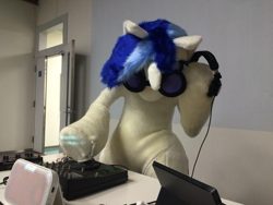 Size: 1024x768 | Tagged: safe, artist:luna_b_, imported from derpibooru, dj pon-3, vinyl scratch, human, clothes, cosplay, costume, dj booth, dj table, fursuit, irl, irl human, japan, japan ponycon, photo, turntable