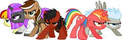 Size: 867x286 | Tagged: safe, artist:firepony-bases, artist:pegasski, imported from derpibooru, oc, oc only, oc:dala, earth pony, pegasus, pony, unicorn, angry, base used, clothes, earth pony oc, eyelashes, frown, group, horn, lab coat, multicolored hair, pegasus oc, rainbow hair, simple background, transparent background, unicorn oc, wings