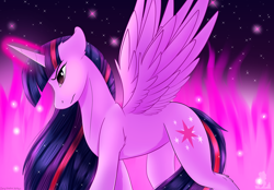 Size: 2996x2089 | Tagged: safe, artist:monsoonvisionz, imported from derpibooru, twilight sparkle, alicorn, pony, female, glowing horn, high res, horn, magic, mare, solo, spread wings, sternocleidomastoid, twilight sparkle (alicorn), wings