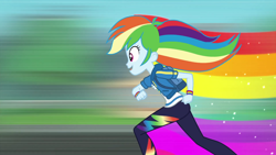 Size: 1280x720 | Tagged: safe, imported from derpibooru, screencap, rainbow dash, equestria girls, equestria girls series, run to break free, spoiler:eqg series (season 2), backpack, clothes, cute, cutie mark, cutie mark on clothes, dashabetes, geode of super speed, hoodie, magical geodes, open mouth, rainbow trail, running, singing, smiling