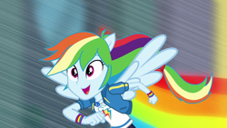 Size: 1280x720 | Tagged: safe, imported from derpibooru, screencap, rainbow dash, equestria girls, equestria girls series, run to break free, spoiler:eqg series (season 2), clothes, cute, cutie mark, cutie mark on clothes, dashabetes, female, geode of super speed, hoodie, magical geodes, open mouth, ponied up, rainbow trail, running, singing, solo